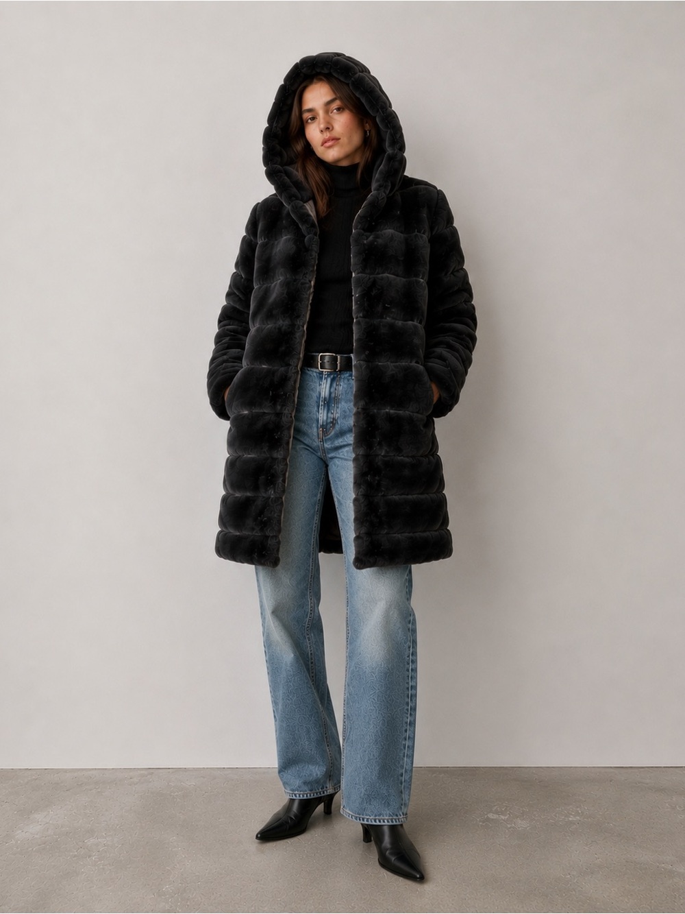 BCBGMaxAzria Grey Faux Fur Hooded Coat